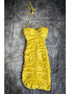 Cache Womens's 4 Yellow Ruched Sexy Mini Party Dress With Rhinestones Sleeveless